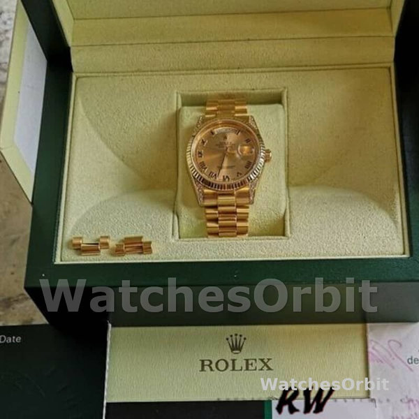 Replique Rolex Day-Date 36mm Unisex-118338-Champagne Cadran-Numéros romains Champagne