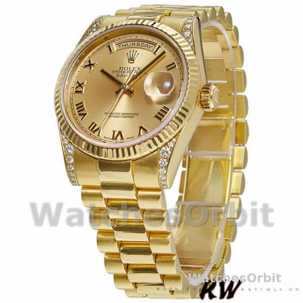 Replique Rolex Day-Date 36mm Unisex-118338-Champagne Cadran romain Lunette diamant Champagne