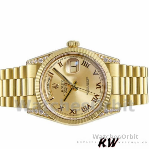 Replique Rolex Day-Date 36mm Unisex-118338-Champagne Cadran romain Lunette diamant Champagne