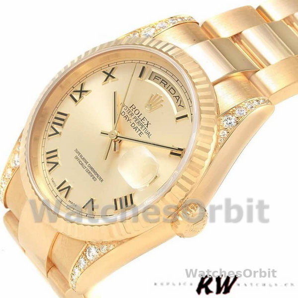 Replique Rolex Day-Date 36mm Unisex-118338-Or jaune Cadran Champagne-Numéros romains Champagne