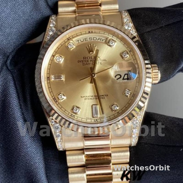Replique Rolex Day-Date 36mm Unisex-118338-Or jaune-Champagne Cadran Diamants Champagne