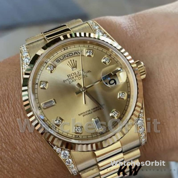 Replique Rolex Day-Date 36mm Unisex-118338-Or jaune-Champagne Cadran Diamants Champagne