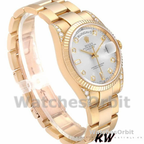 Replique Rolex Day-Date 36mm Unisex-118338-Or jaune-argent Cadran diamant Argent
