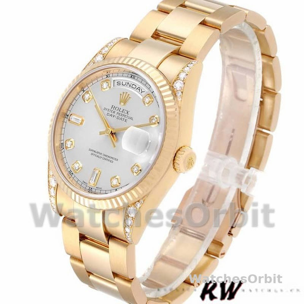 Replique Rolex Day-Date 36mm Unisex-118338-Or jaune-argent Cadran diamant Argent