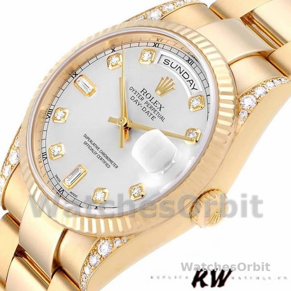 Replique Rolex Day-Date 36mm Unisex-118338-Or jaune-argent Cadran diamant Argent