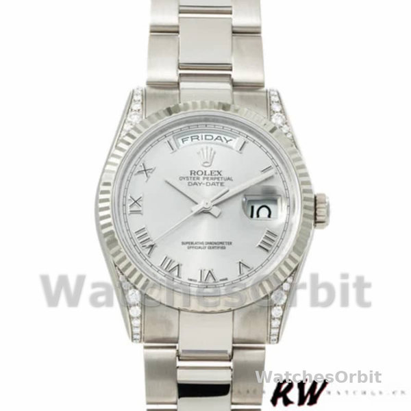 Replique Rolex Day-Date 36mm Unisex-118339-Or blanc Cadran blanc Lunette cannelée blanc<br />