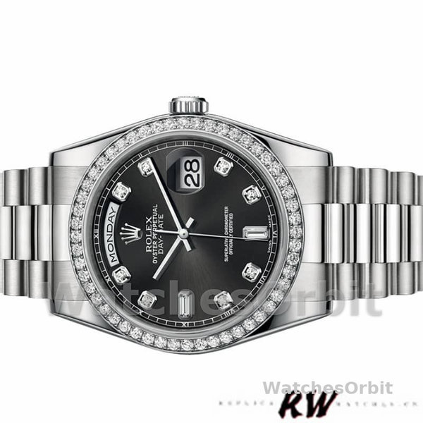 Replique Rolex Day-Date 36mm Unisex-118346-Cadran Noir Diamants Noir