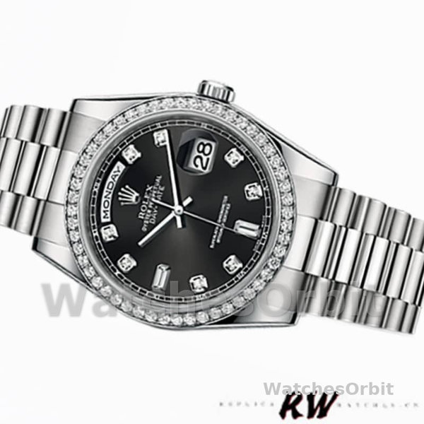 Replique Rolex Day-Date 36mm Unisex-118346-Cadran Noir Diamants Noir
