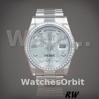 Replique Rolex Day-Date 36mm Unisex-118346-Cadran bleu à diamants-Platinum Ice Blue