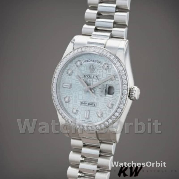 Replique Rolex Day-Date 36mm Unisex-118346-Cadran bleu à diamants-Platinum Ice Blue