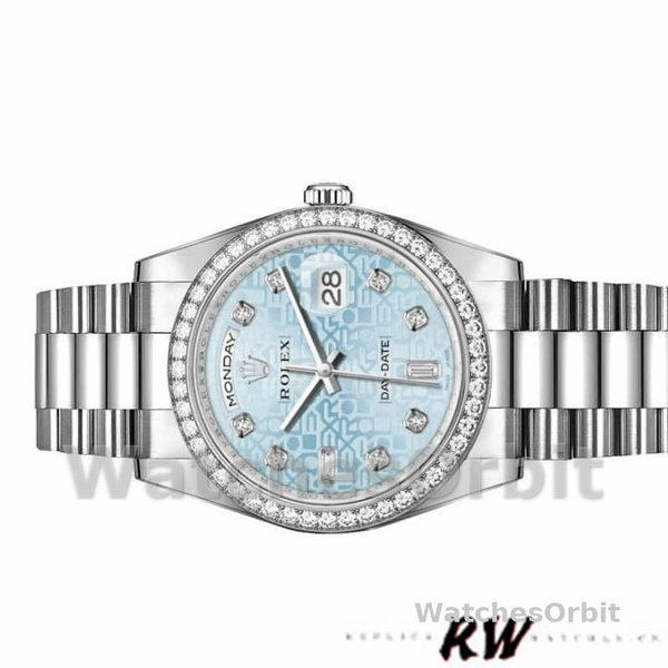 Replique Rolex Day-Date 36mm Unisex-118346-Cadran bleu à diamants-Platinum Ice Blue