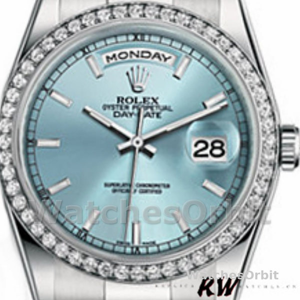 Replique Rolex Day-Date 36mm Unisex-118346-Cadran bleu glacier-Diamant bleu glacier