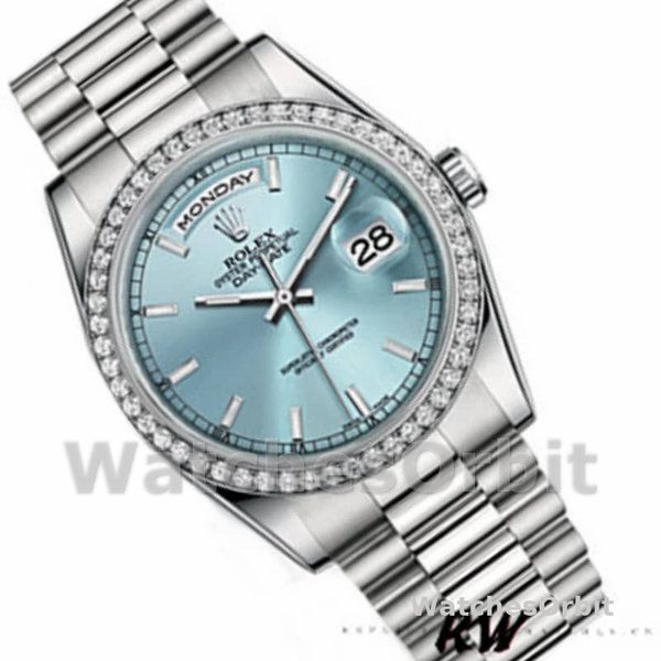 Replique Rolex Day-Date 36mm Unisex-118346-Cadran bleu glacier-Diamant bleu glacier