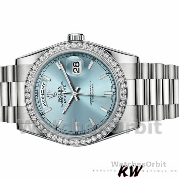 Replique Rolex Day-Date 36mm Unisex-118346-Cadran bleu glacier-Diamant bleu glacier