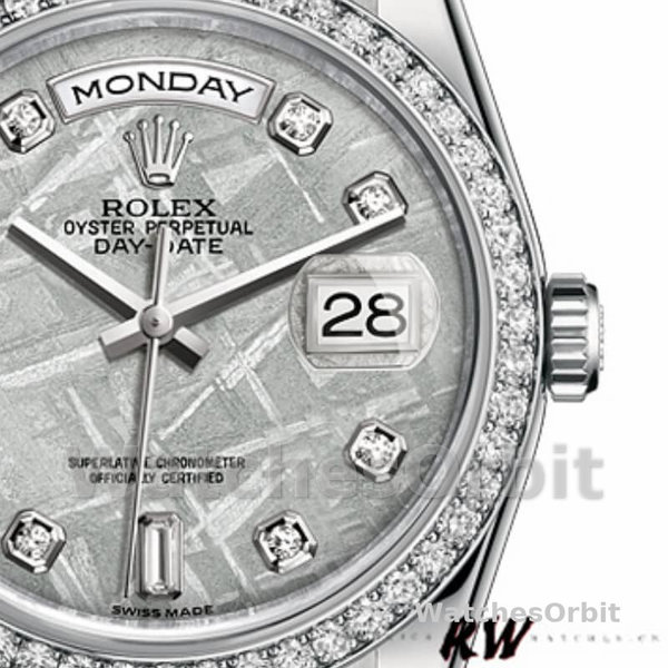 Replique Rolex Day-Date 36mm Unisex-118346-Platinum-Diamond Bezel-Meteorite Dial Meteorite<br />