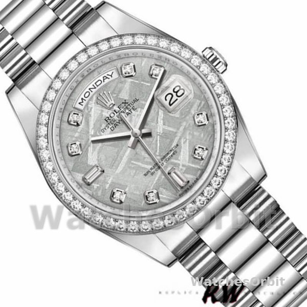 Replique Rolex Day-Date 36mm Unisex-118346-Platinum-Diamond Bezel-Meteorite Dial Meteorite<br />