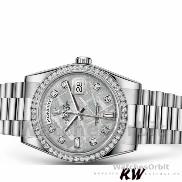 Replique Rolex Day-Date 36mm Unisex-118346-Platinum-Diamond Bezel-Meteorite Dial Meteorite<br />