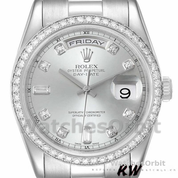 Replique Rolex Day-Date 36mm Unisex-118346-Cadran argenté-Diamant argenté