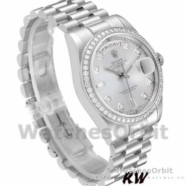 Replique Rolex Day-Date 36mm Unisex-118346-Cadran argenté-Diamant argenté