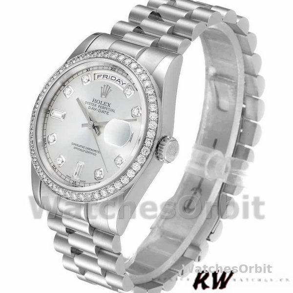 Replique Rolex Day-Date 36mm Unisex-118346-Cadran argenté-Diamant argenté