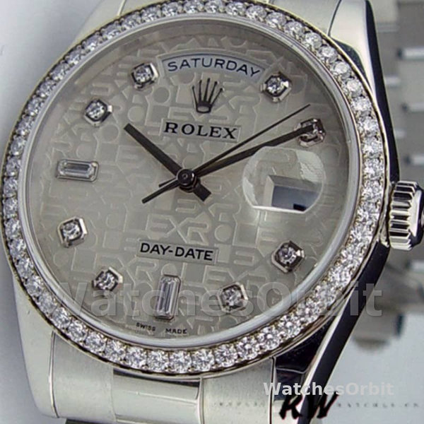 Replique Rolex Day-Date 36mm Unisex-118346-Silver Jubilee Cadran à diamants <span style=