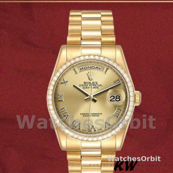 Replica Rolex Day-Date 36mm voor heren-118348-Champagne wijzerplaat-gelig goud