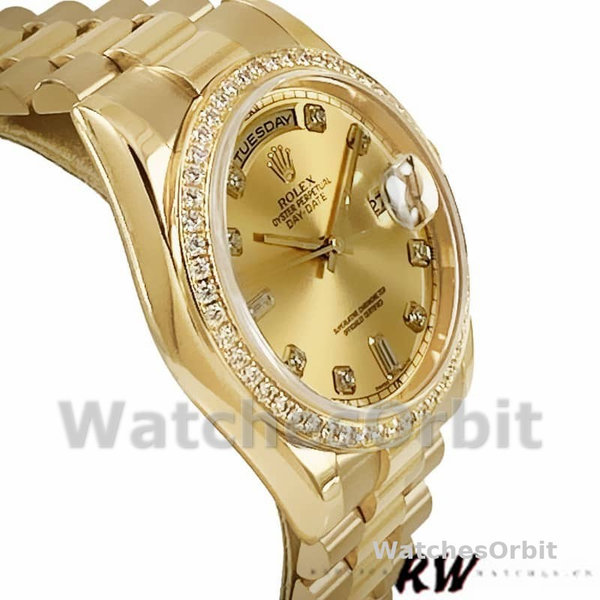 Replica Heren Rolex Day-Date 36mm Unisex-118348-Champagne Diamond Dial-Geel Goud