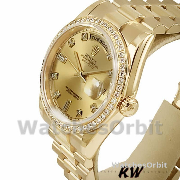 Replica Heren Rolex Day-Date 36mm Unisex-118348-Champagne Diamond Dial-Geel Goud