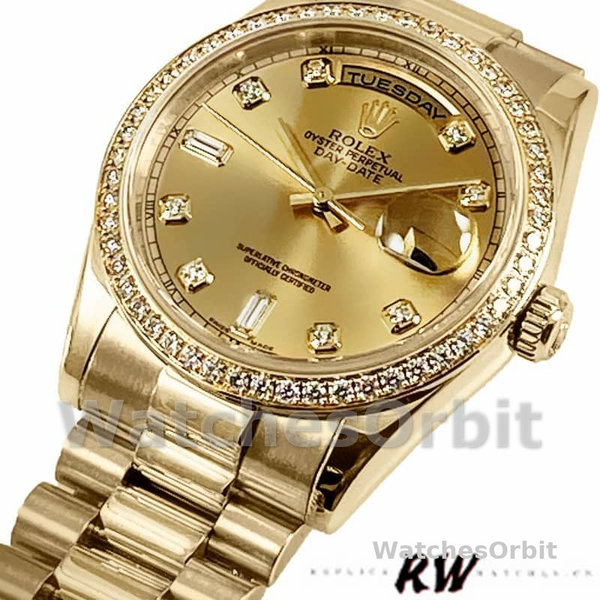 Replica Heren Rolex Day-Date 36mm Unisex-118348-Champagne Diamond Dial-Geel Goud