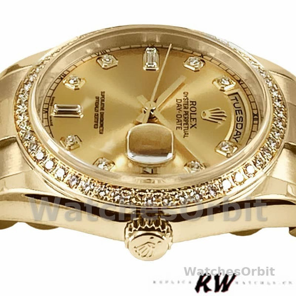Replica Heren Rolex Day-Date 36mm Unisex-118348-Champagne Diamond Dial-Geel Goud