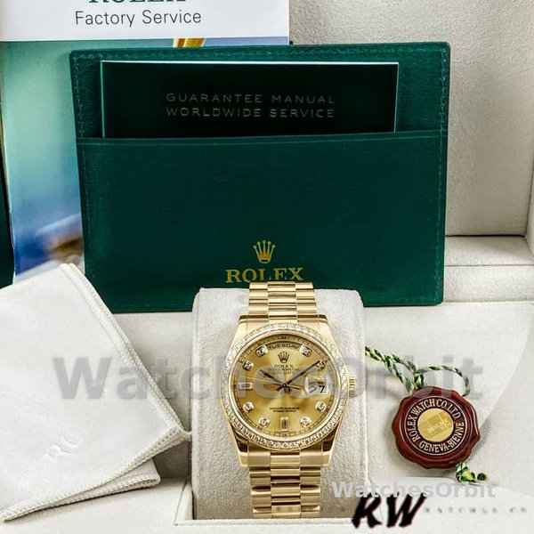 Replica Heren Rolex Day-Date 36mm Unisex-118348-Champagne Diamond Dial-Geel Goud