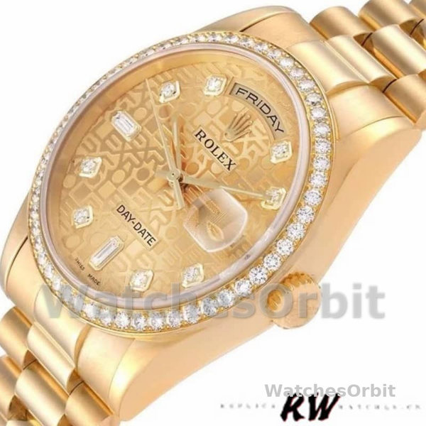 Replica Rolex Day-Date 36mm Unisex-118348-Champagne Jubilee Diamond Dial-Goud Champagne