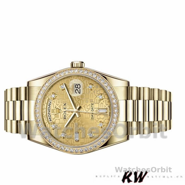 Replica Rolex Day-Date 36mm Unisex-118348-Champagne Jubilee Diamond Dial-Goud Champagne