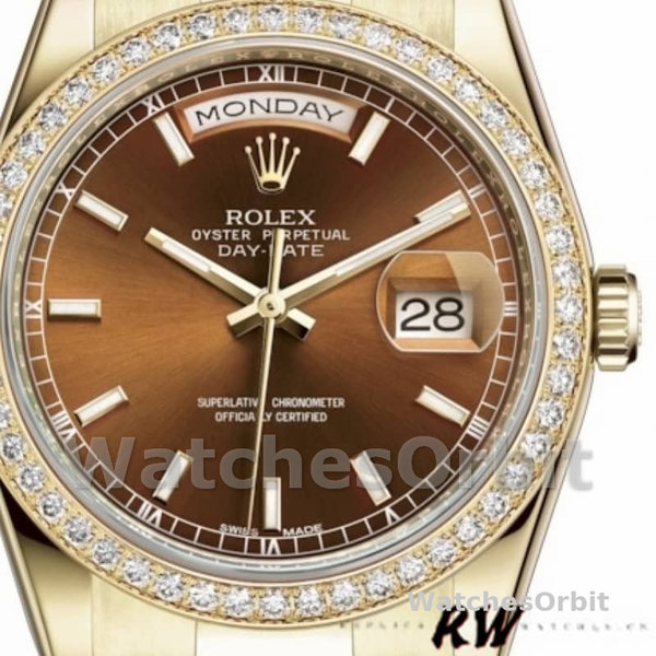 Replica Rolex Day-Date 36mm Unisex-118348-Chocoladebruine wijzerplaat-Geel Goud Chocoladebruin<br />