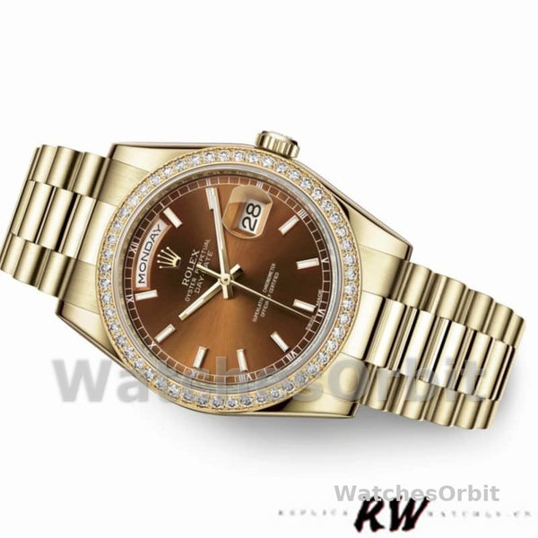 Replica Rolex Day-Date 36mm Unisex-118348-Chocoladebruine wijzerplaat-Geel Goud Chocoladebruin<br />