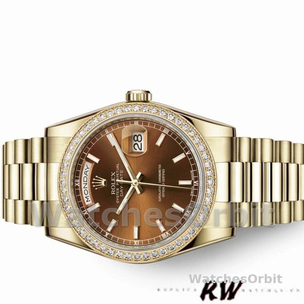 Replica Rolex Day-Date 36mm Unisex-118348-Chocoladebruine wijzerplaat-Geel Goud Chocoladebruin<br />