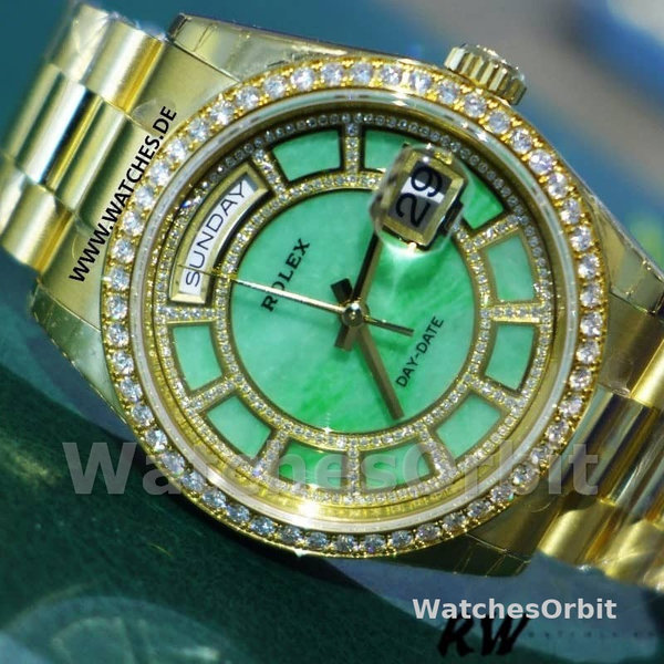 Replica Rolex Day-Date 36mm unisex-118348-Green Dial-Yellow Gold Green