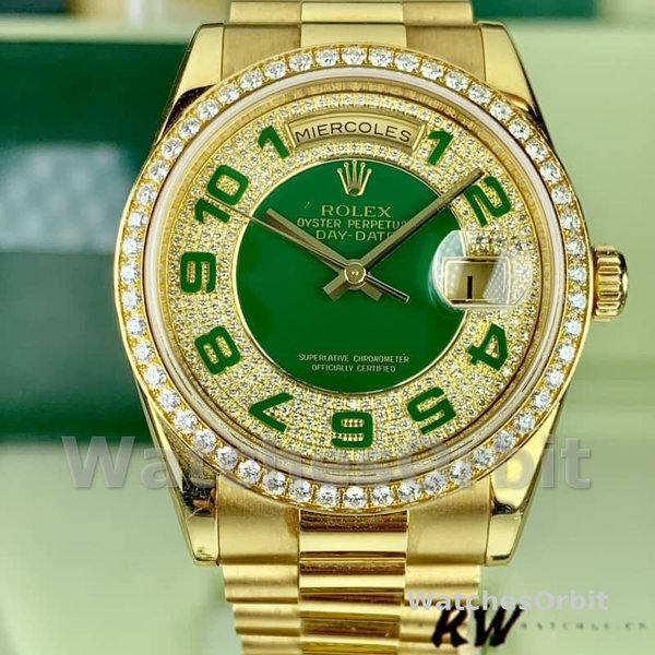 Replica Rolex Day-Date 36mm Unisex-118348-Green Diamond Dial-Geel Gold Green