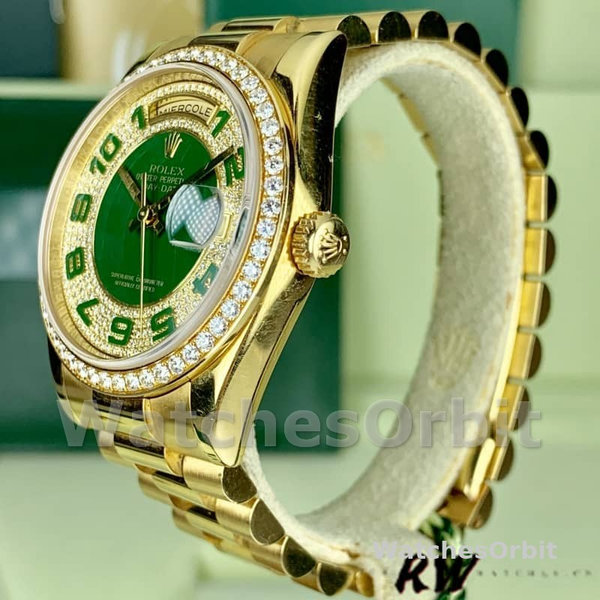 Replica Rolex Day-Date 36mm Unisex-118348-Green Diamond Dial-Geel Gold Green