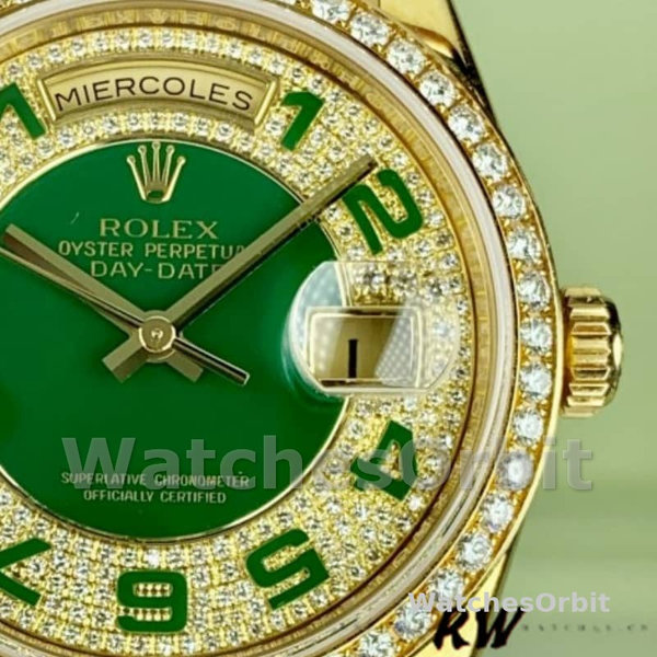 Replica Rolex Day-Date 36mm Unisex-118348-Green Diamond Dial-Geel Gold Green