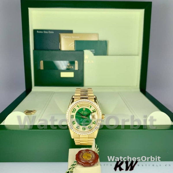 Replica Rolex Day-Date 36mm Unisex-118348-Green Diamond Dial-Geel Gold Green