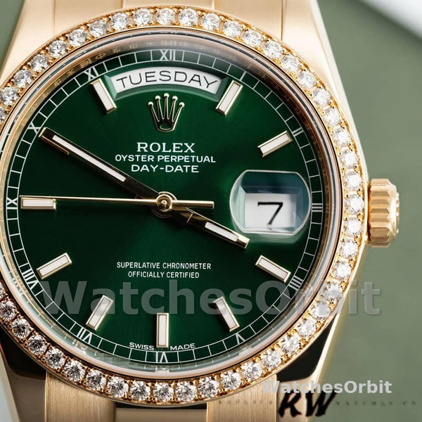 Replica Rolex Day-Date 36mm unisex-118348-Green Index Dial-Yellow Gold Green