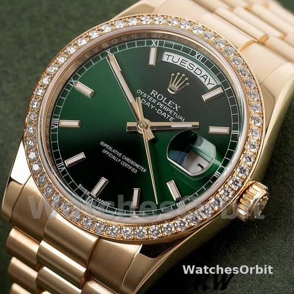 Replica Rolex Day-Date 36mm unisex-118348-Green Index Dial-Yellow Gold Green
