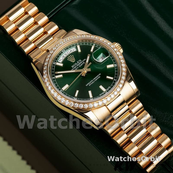Replica Rolex Day-Date 36mm unisex-118348-Green Index Dial-Yellow Gold Green