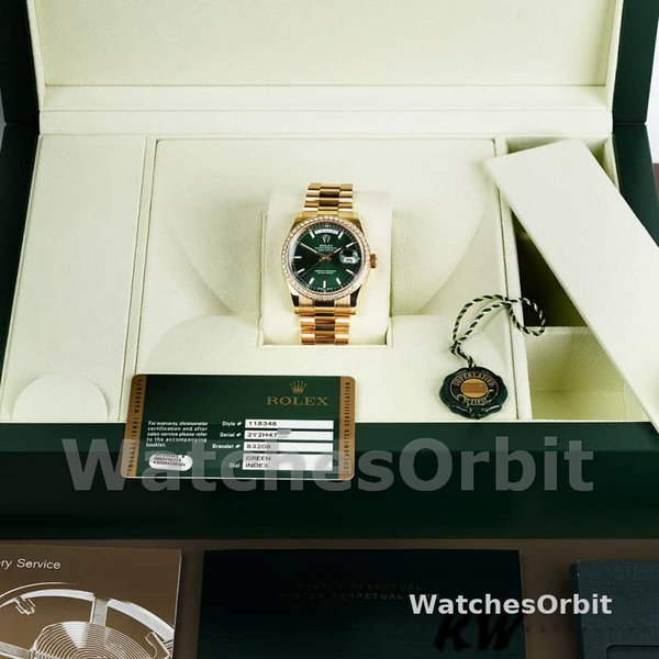 Replica Rolex Day-Date 36mm unisex-118348-Green Index Dial-Yellow Gold Green