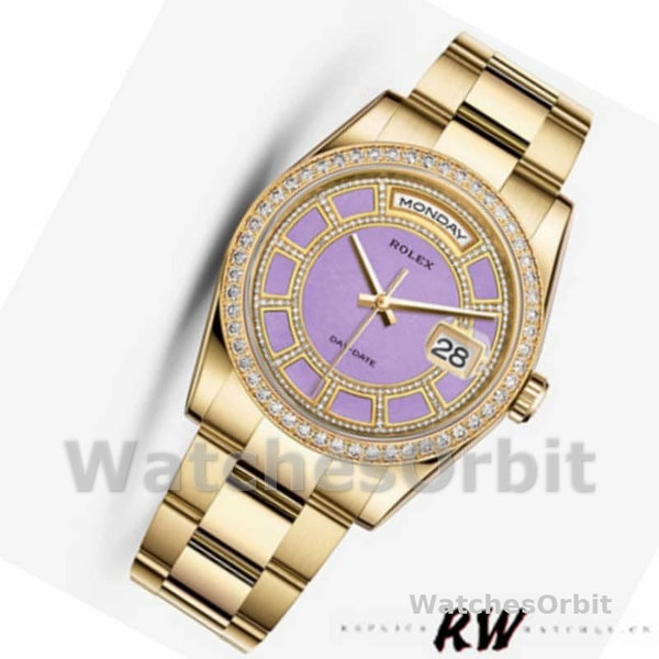 Replica Rolex Day-Date 36mm unisex-118348-Lavendel Jade Carrousel Dial-Geel Goud Lavendel<br />