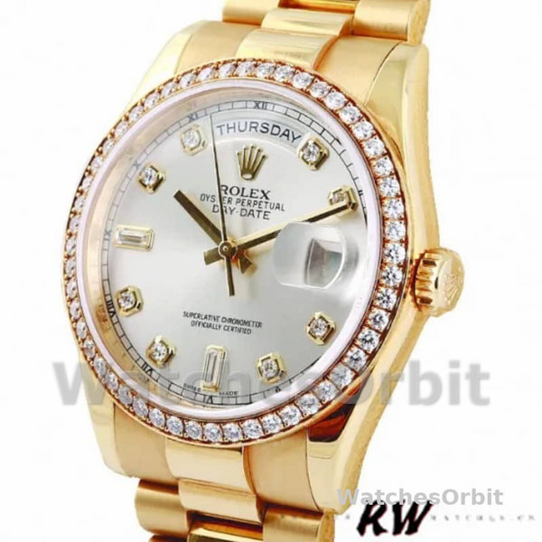Replica Rolex Day-Date 36mm Unisex-118348-Zilver Diamond Dial Zilver