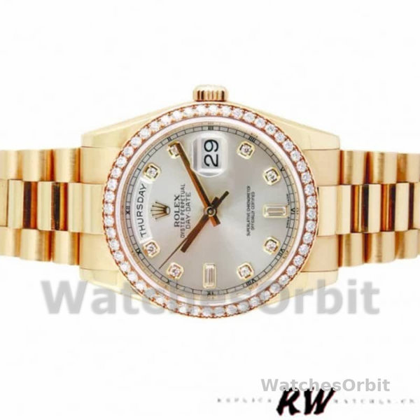 Replica Rolex Day-Date 36mm Unisex-118348-Zilver Diamond Dial Zilver