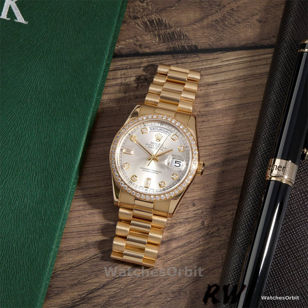 Replica Rolex Day-Date 36mm Unisex-118348-Zilver Diamond Dial Zilver