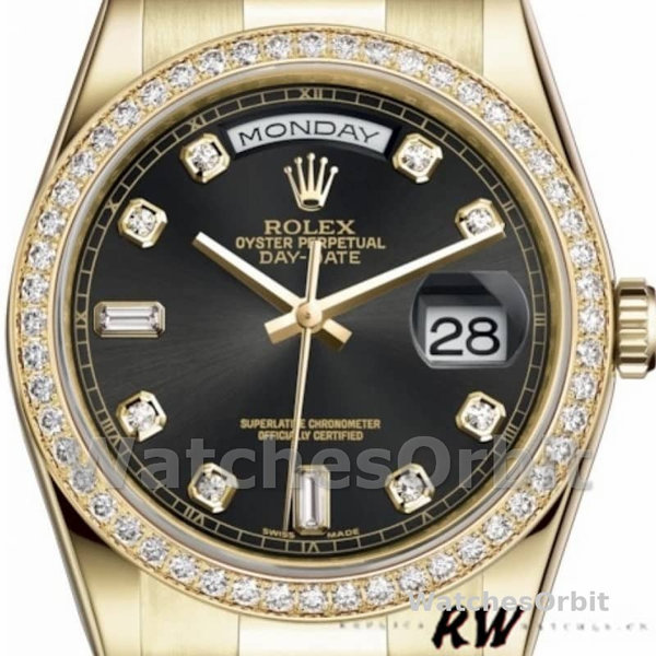 Replica Rolex Day-Date 36mm Unisex-118348 Geelgoud-Zwarte Diamanten Wijzerplaat Zwart<br />